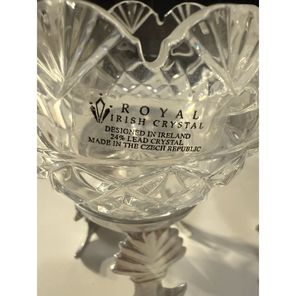 Royal Irish Lead  Crystal On Silver Leaf Stand Used For Candy, Candles Or Holder